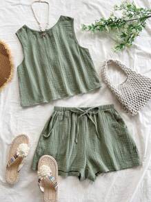 Soleia Women's Vacation Casual Loose Backless Tie Textured Fabric A-Line Tank Top & Elastic Waist Shorts With Pockets, For Beach & Seaside