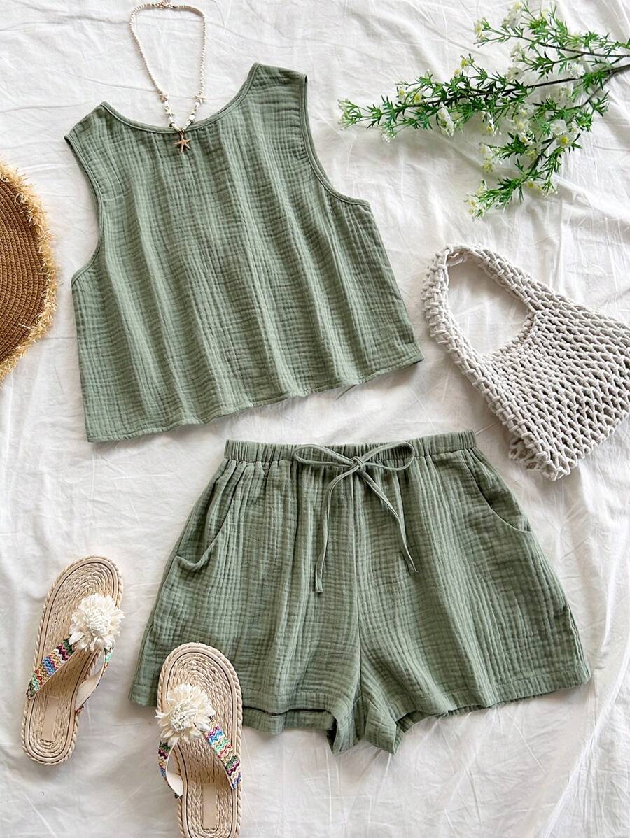 Soleia Women's Vacation Casual Loose Backless Tie Textured Fabric A-Line Tank Top & Elastic Waist Shorts With Pockets, For Beach & Seaside