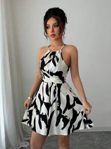 Elenzga Women's Black & White Print Elegant Suspender Sleeveless Dress - White - View 6