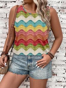 Knitted Print Pattern Loose Fit Plus Size Women Crew Neck Tank Top, Suitable For Music Festivals & Summer - Multicolor - View 6