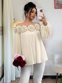 Airlisse Blusa elegante da donna a spalle scoperte in chiffon, tessuto in chiffon liscio e opaco con dettaglio floreale 3D, versatile per uso quotidiano, appuntamenti e feste, maniche lunghe