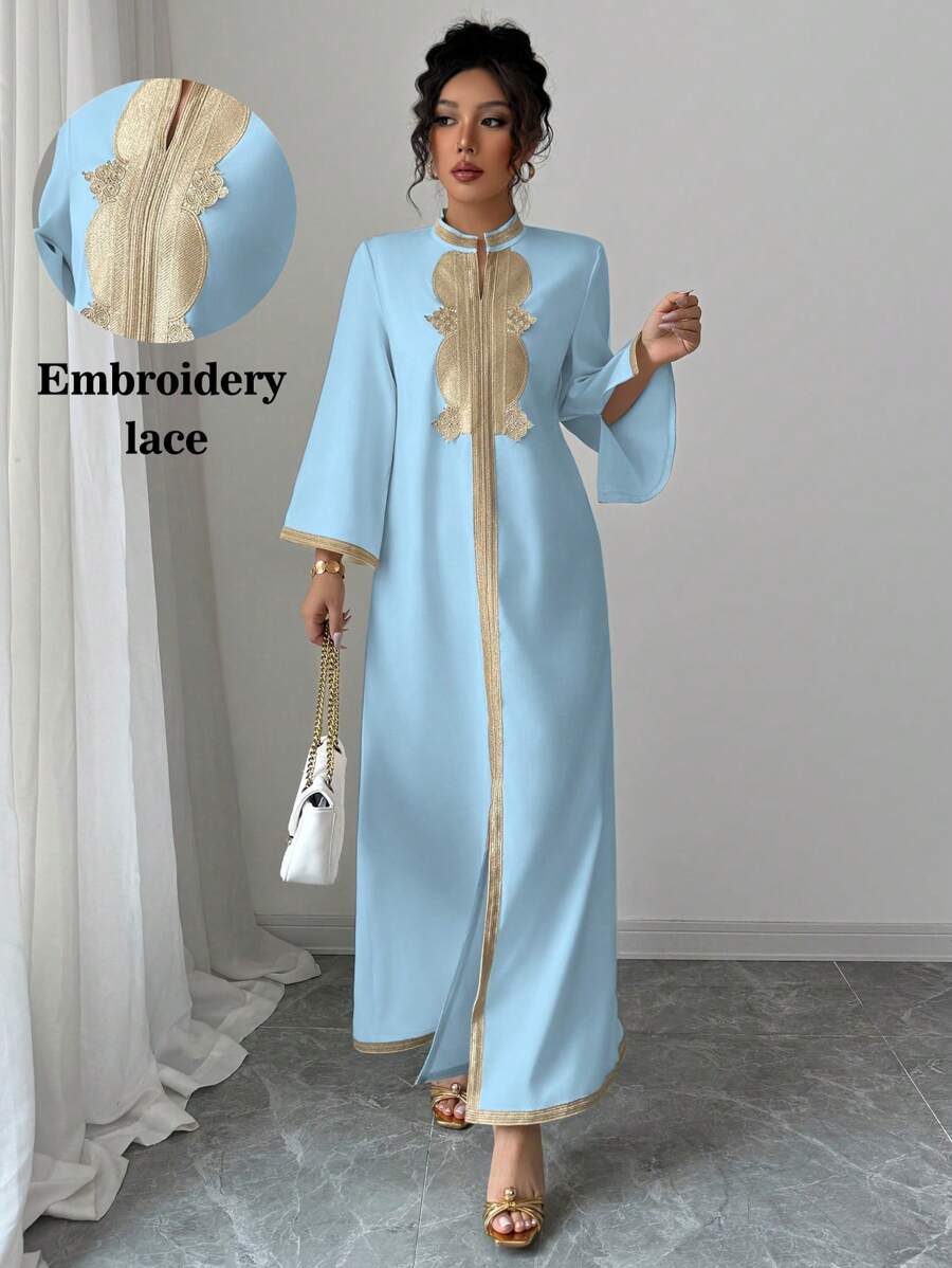 Elenzga Vestido elegante con escote en V, con encaje bordado y abertura para mujeres - Azul - Ver 1