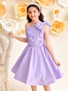SHEIN Leap Crew Tween Girls 蝴蝶结点缀衬衫和裙子 2 件套 - 紫色 - 查看 6