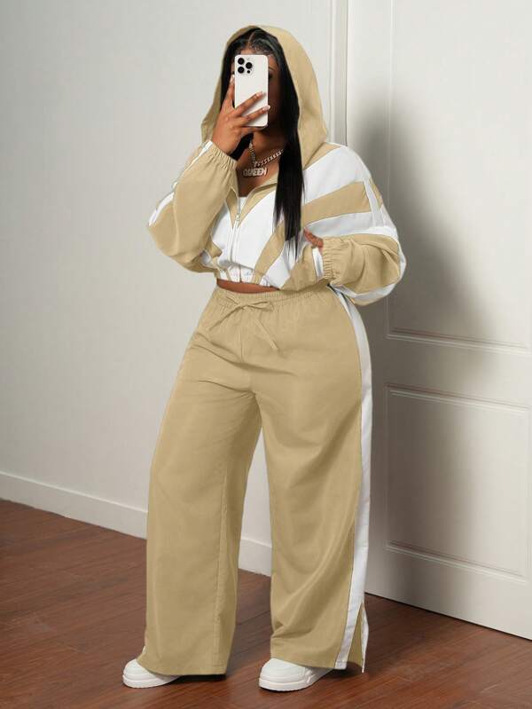 Slaydiva 2pcs/Set Plus Size Casual Sports Long Sleeve Cropped Jacket And Green White Contrast Pants, Autumn/Winter