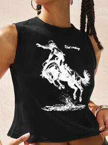 Easelle 女式复古休闲西部牛仔游牧图案圆领卷边短款修身背心