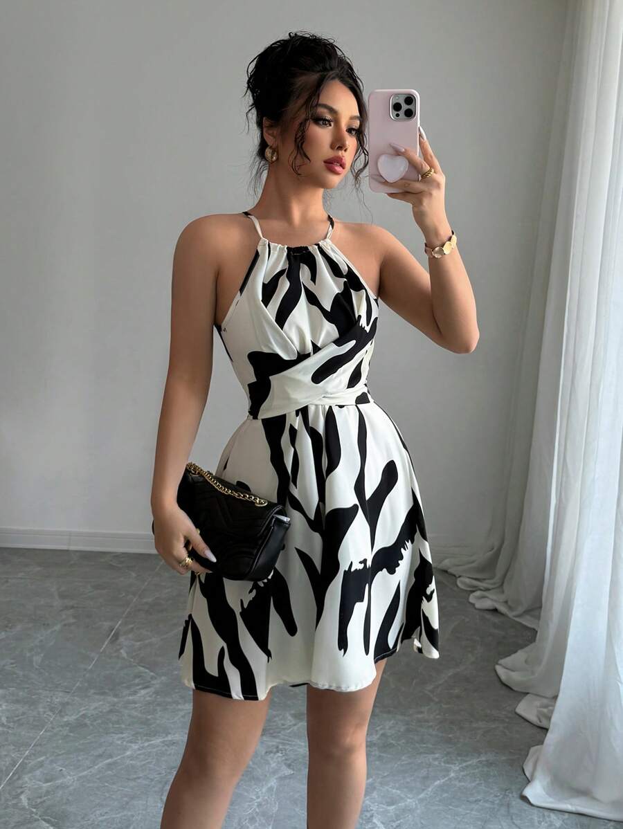 Elenzga Women's Black & White Print Elegant Suspender Sleeveless Dress - White - View 1