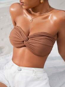Swim Vcay 女士纯色扭纹抹胸泳衣上衣，适合度假和海滩 - 棕色 - 查看 3