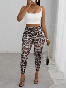 SHEIN Clasi Fashionable Leopard Print Distressed Leggings - Multicolor - View 5