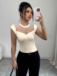 Elenzga Women's Summer Elastic Knit Mesh Fitted T-Shirt - Apricot - View 1