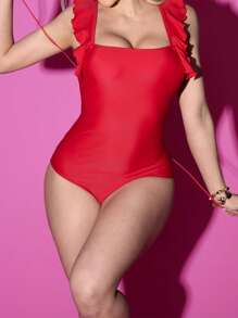Shapewave 1pc Women Tummy Control Ruffle Trim Swimsuit, One-Piece Halter Neck Style, Suitable For Spring/Summer Beach, Holiday Party, Elegant Casual - Red - View 8