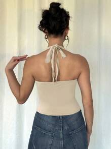 SHEIN Unity Solid Color Lace-Up Metal Accessory Women Camisole Top With Side Slit - Khaki - View 2