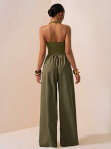 Zivah 2025 Spring And Summer New Casual Vacation Halter Tube Top Side Gathered Workwear Long Jumpsuit, Suitable For Daily Outings, Sailing And Sunny Vacations, Parties, Music Festivals, Old Money Style, Olive Green-B