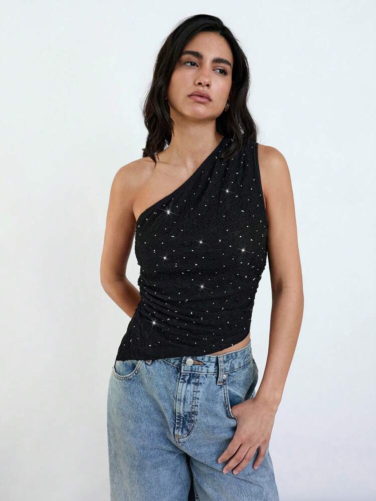 SHEIN Maija Novo Lançamento de Verão 2025 Top Feminina Assimétrica com Cintura Marcada, Decoração de Strass e Lantejoulas, Ideal para Convidados de Casamento, Moderno e Elegante, Brunch, Aeroporto, Férias Boho, Festival de Música na Praia, Páscoa, Formatura, Uso Casual Diário