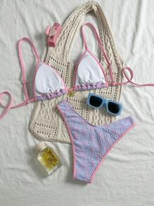 SHEIN Swim 2pcs Women Beach Summer Outfits: Textured Floral Pattern Spaghetti Strap Crop Top And High Cut Swim Trunks, Vacation Bikini Set - Multicolor - View 2