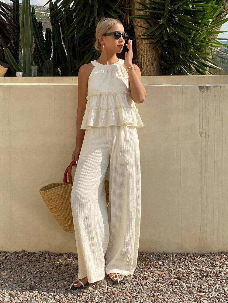 2Pcs/Set Women's Summer Vacation Casual Solid Color Ruffled Hem Top And Pants Set