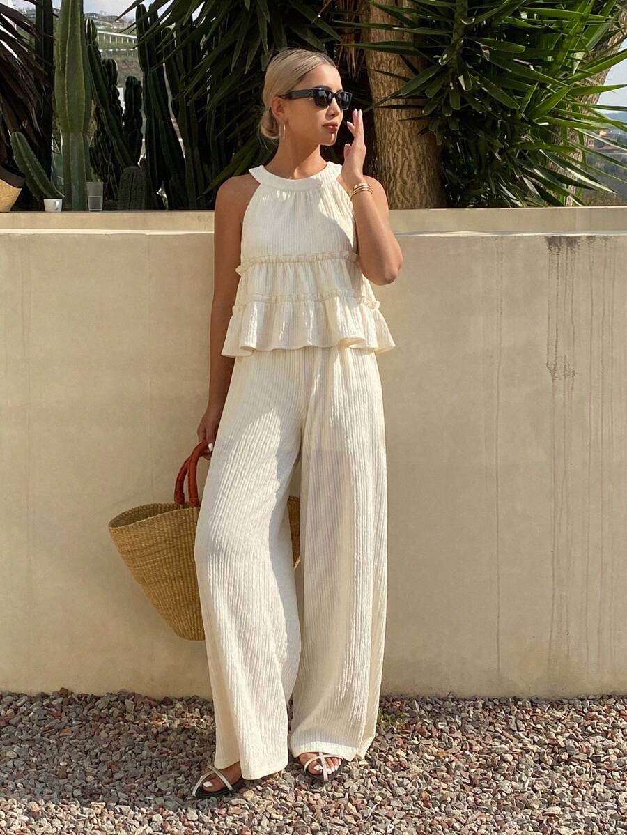 Livesso 2Pcs/Set Women's Summer Vacation Casual Solid Color Ruffled Hem Top And Pants Set - Apricot - View 1