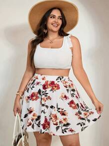 SHEIN Tall CURVE Plus Size Women Summer Boho Floral Printed Skort With Pockets For Vacation - Multicolor - View 3