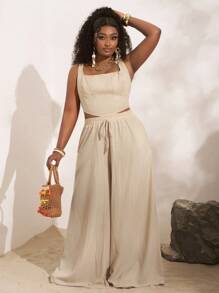 Veslaya Completo estivo 2 pezzi composto da top con laccetti a forma di lisca di pesce e pantaloni a gamba ampia con tasche, in tessuto strutturato, per donna con taglie forti