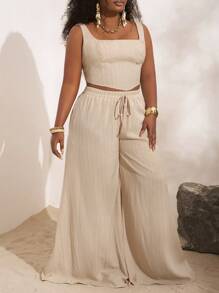 Veslaya Completo estivo 2 pezzi composto da top con laccetti a forma di lisca di pesce e pantaloni a gamba ampia con tasche, in tessuto strutturato, per donna con taglie forti