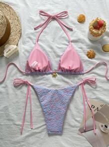 Swim Mod 2pcs/Set Springbreak Vacation Floral Texture Halter Triangle Side Tie Swim Trunks Cute Bikini Swimsuit For Summer