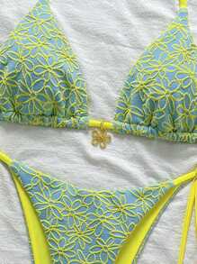 Swim Vcay 2pcs/Set Springbreak Summer Vacation Pink Floral Texture Halter Tie Side Bikini Swimsuit