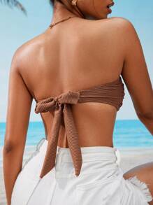 Swim Vcay 女士纯色扭纹抹胸泳衣上衣，适合度假和海滩 - 棕色 - 查看 2