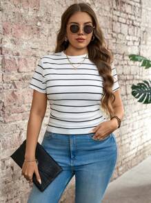 SHEIN LUNE 大码女式条纹印花圆领短袖休闲百搭T恤，母亲节夏季简约时尚波西米亚风海军蓝 - 黑與白 - 查看 6