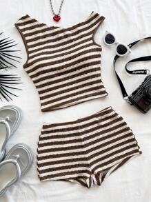 Soleia 2pcs/Set Women's Red & White Striped Knit Crop Top And Super Low-Waist Bodycon Shorts Set, Vacation, Party, Christmas, Valentine's Day, Date, Beach, Cruise, Carnival, Easter, Chinese New Year - Multicolor - View 4