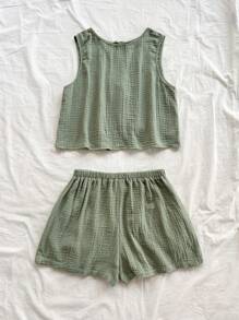 Soleia Women's Vacation Casual Loose Backless Tie Textured Fabric A-Line Tank Top & Elastic Waist Shorts With Pockets, For Beach & Seaside