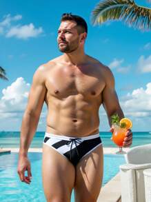 Manfinity VDAYZ Plus Size Men's Fashionable Swim Trunks, Suitable For Summer Beach Vacation Men Swim Trunks - Black and White - View 3