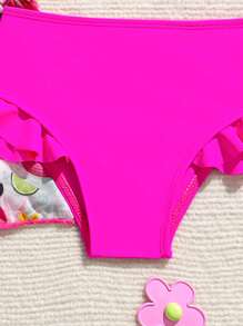 3pcs Baby Girl Summer Vacation Flamingo Print Swimsuit Set With Cover-Up - Multicolor - View 3