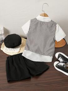 SHEIN 2 件套年轻男孩条纹印花背心和前排纽扣短袖衬衫 - 彩色 - 查看 2