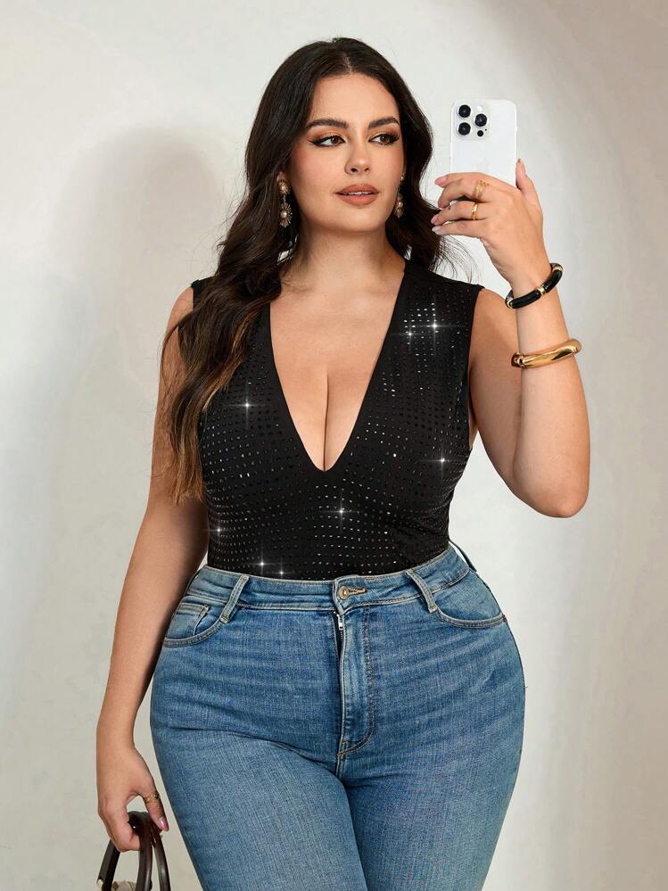 SHEIN Tall CURVE 大码女式优雅黑色方形水晶装饰深 V 领比基尼连体泳衣 - 黑色 - 查看 4