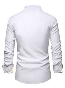 Calvornis Men's White Casual Shirt With Floral Accents Long Sleeve Collared Pocket Regular Fit - White - View 2