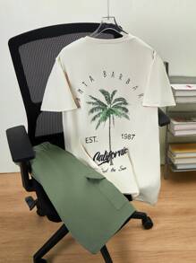2pcs/Set Teen Boys Casual Apricot Graphic Tee & Military Green Cargo Pocket Shorts Suit, School, Campus, College