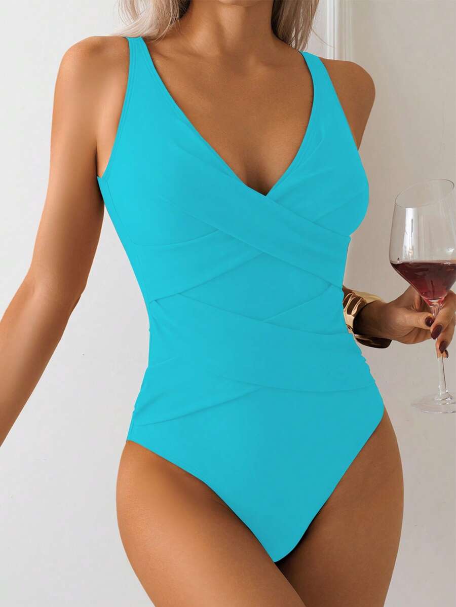 SHEIN Swim Women's Casual Pleated Patchwork Backless One-Piece Swimsuit, Elegant, Suitable For Sports And Beach, Spring/Break Collection For Summer Beach Vacation - Blue - View 1