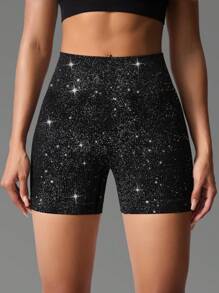 Seamluxe SHEIN Sport Seamless Ribbed Elastic Glitter Party Style Sports Shorts - Black - View 2