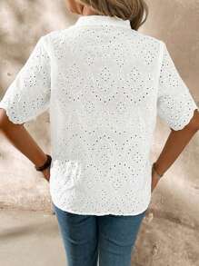 SHEIN LUNE V-Neck Embroidered Fabric White Short Sleeve Women Shirt, Vacation Casual - White - View 2