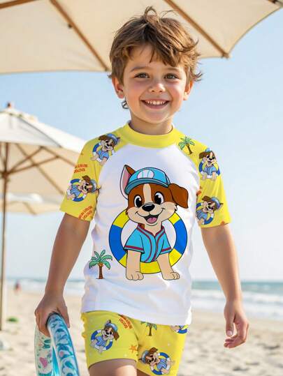 SHEIN Young Boy Cute Cartoon Puppy Print Casual Loose Fit Short Sleeve T-Shirt, Shorts And Swimwear Set, For Summer