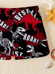SHEIN Leap Crew Young Boy Casual Dinosaur Pattern Slim Fit Swim Trunks, Suitable For Summer - Red - View 3
