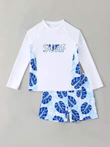 Tween Boy Resort 热带植物和字母印花插肩袖上衣和短裤泳衣套装，随机印花 - 彩色 - 查看 4