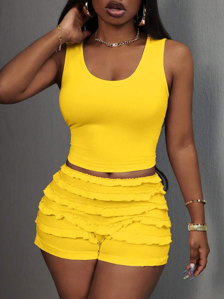 Slaydiva Y2K Sweet Cute Casual Basic Pink Solid Tank Top With Multi-Layered Ruffle Shorts, Women's 2 Pieces Set - Yellow - View 1