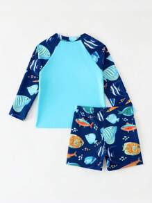 Young Boy Printed Sports Swimsuit Set - Multicolor - View 2