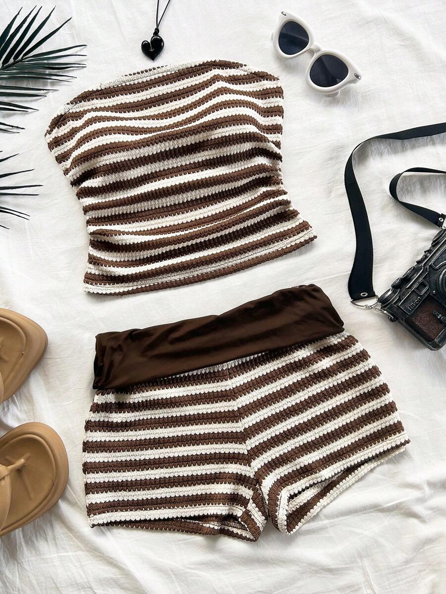 Soleia 2pcs Set: Ruched Bandeau & Low Waist Shorts In Red & White Contrast Color, Textured Crochet Knit, For Vacation,Summer Sets