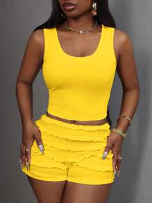 Slaydiva Y2K Sweet Cute Casual Basic Pink Solid Tank Top With Multi-Layered Ruffle Shorts, Women's 2 Pieces Set - Yellow - View 7