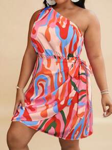Travachic Plus Allover Print One Shoulder Knot Side Wrap Hem Summer Dress - Pink - View 1