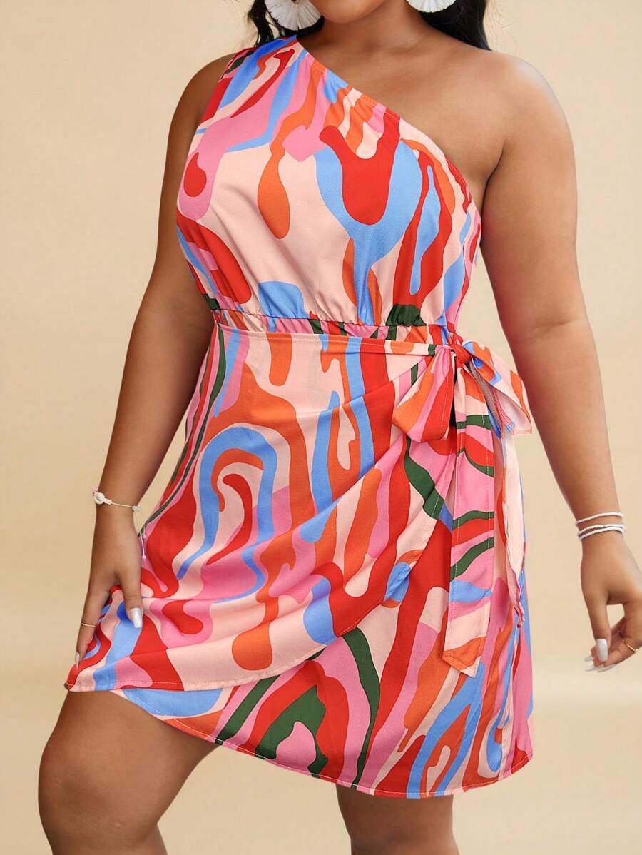 Travachic Plus Allover Print One Shoulder Knot Side Wrap Hem Summer Dress - Pink - View 1