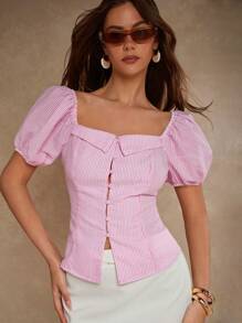 COSMINA Striped Puff Sleeve Button Front Blouse