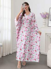 Al Najma 2025春夏新款中东阿拉伯风格休闲土耳其印花连衣裙，简约长袍 - 粉色 - 查看 7