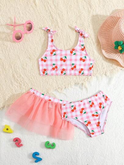 3pcs Young Girl Vacation Plaid Cherry Print Swimsuit Set With Mini Skirt